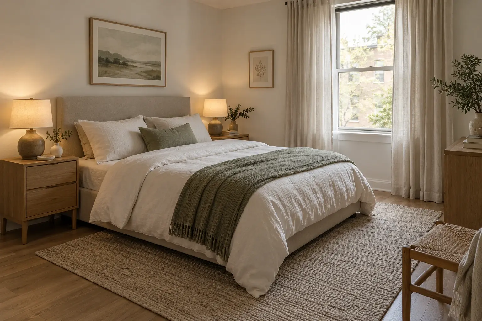 Calm bedroom with an oatmeal headboard, sage throw, oak bedside units and linen curtains.