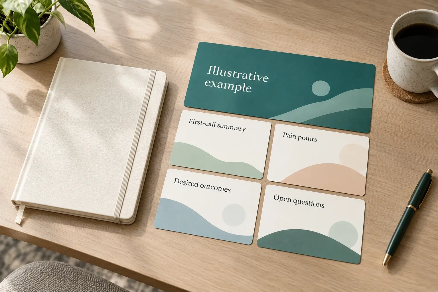 First-call needs map with a notebook and five teal overview cards.