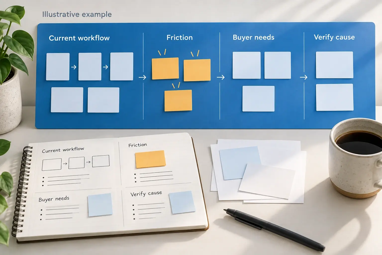 Blue workflow discovery board with amber friction cards and handwritten process notes.