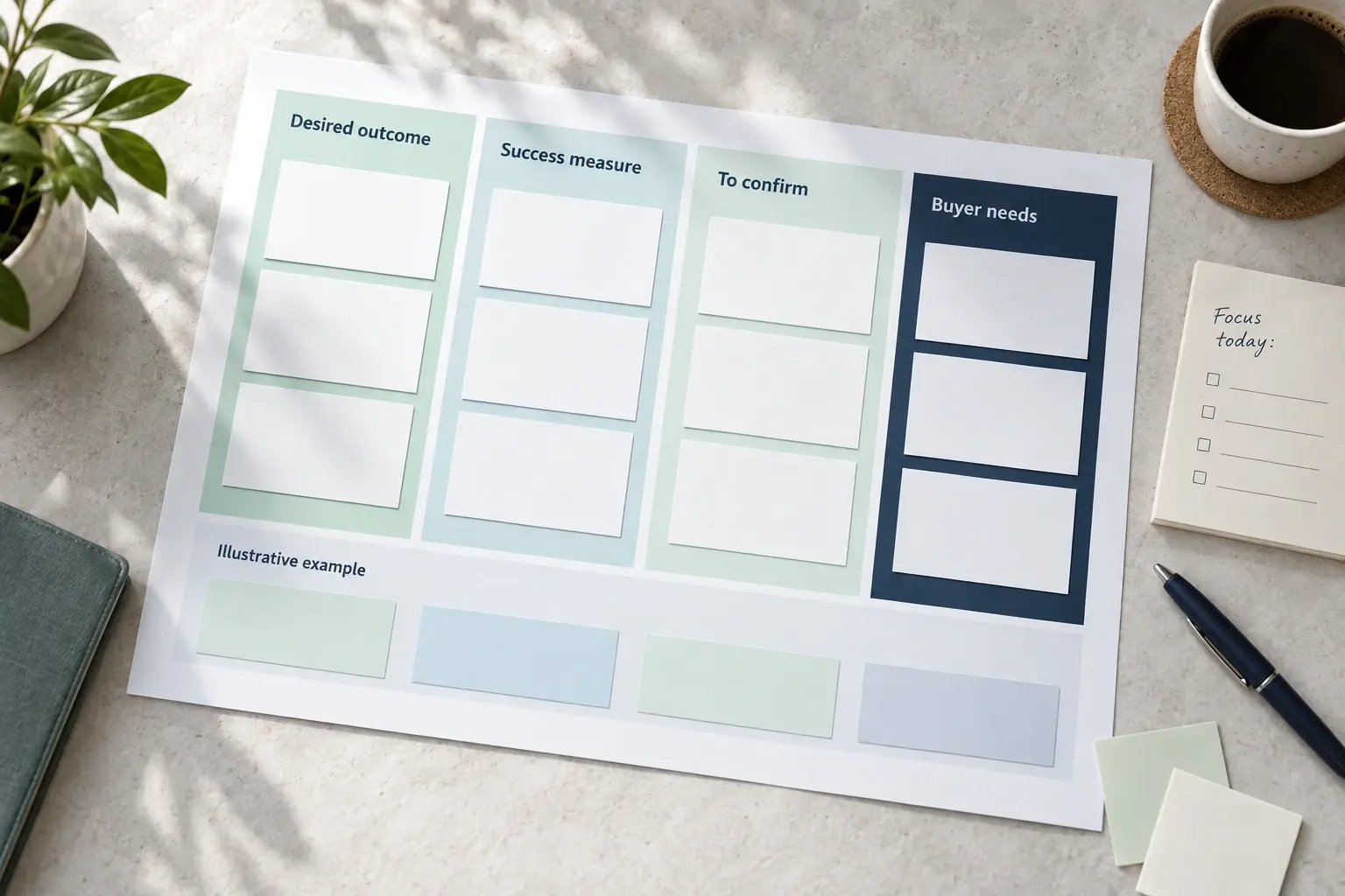 Mint and navy discovery canvas showing outcomes, success measures, and items to confirm.