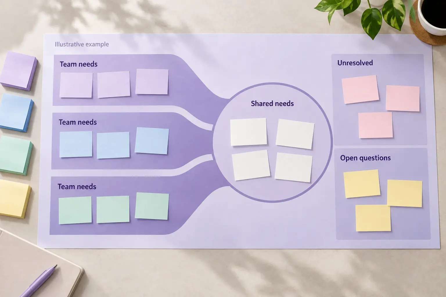 Violet team-needs canvas with shared needs and unresolved questions beside workshop notes.