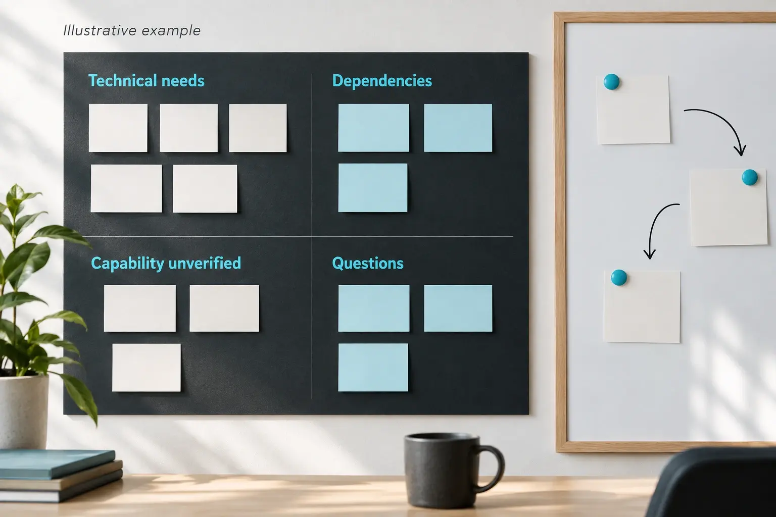 Charcoal and cyan technical discovery board with grouped requirements and verification questions.