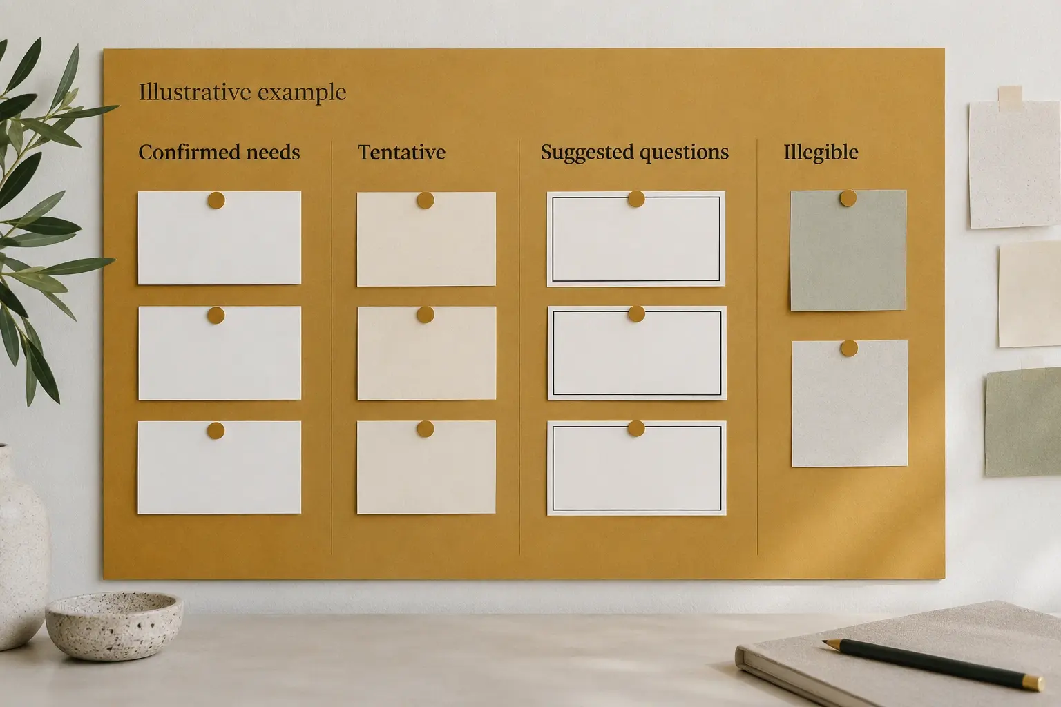 Ochre and ink discovery board separating confirmed needs, tentative interpretations, and suggested questions.